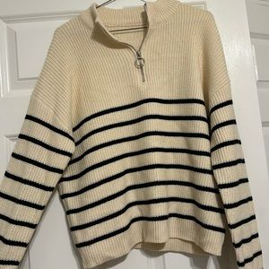 Cream & Black Stripes. Quarter Zip Sweater.